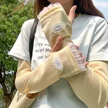 レース付きアイスシルク日焼け防止アームカバー【夏用・薄手・ゆったり・自転車・ドライブ対応】