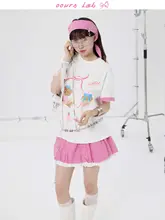 かわいいクマプリントのオーバーサイズTシャツ【粉色チェックのネクタイ付き・短袖】