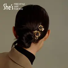 リビングデザインのひまわりモチーフ手作りビーズ付きヘアクリップ【復古スタイル・ゴールド・片面】
