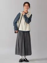 高腰Aラインスカート【グレー・リネンコットン・春用・通勤・着痩せ効果】