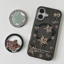 レディース用 折りたたみ式磁気スタンド付きスマホケース【ヒョウ柄・星デザイン・衝撃吸収対応】