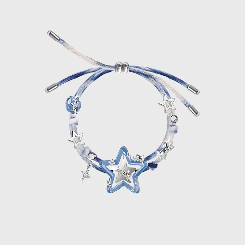 海ブルーの星柄ネコデザインブレスレット【極上の柔らかさ・引き伸ばし可能】