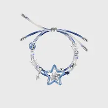海ブルーの星柄ネコデザインブレスレット【極上の柔らかさ・引き伸ばし可能】