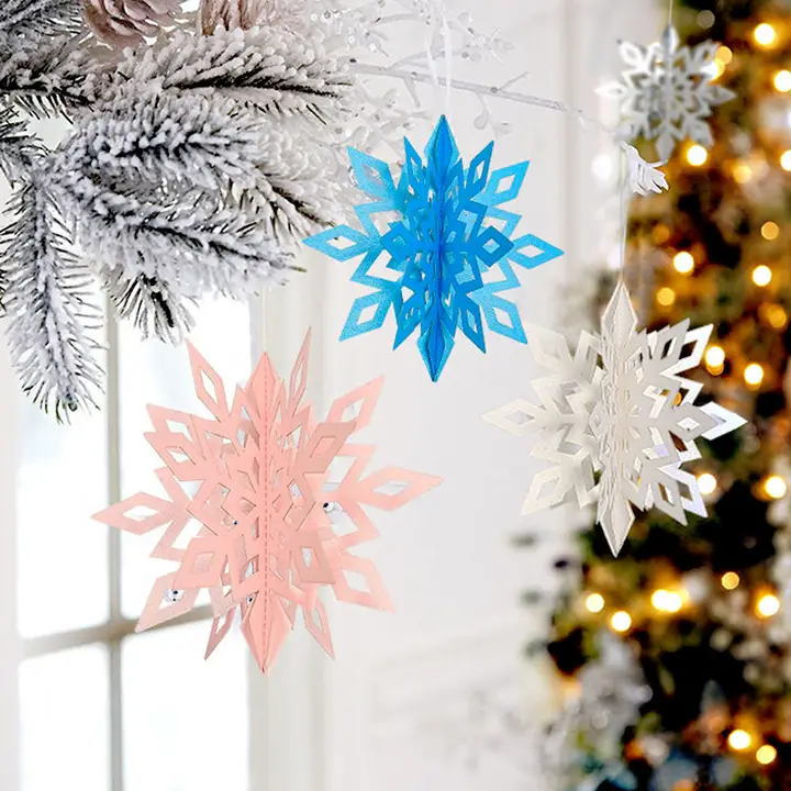 3D立体雪の結晶型 吊り飾り【クリスマスツリー用・鏡面仕上げ・レーザー装飾】