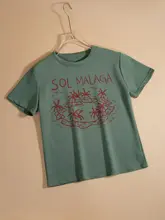 リゾート風デザインのショートTシャツ【ココヤシプリント・上質なカジュアル・ラウンドネック・短袖】