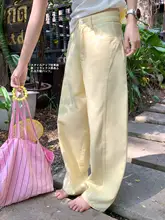ハイウエストストレートデニムパンツ【春夏用・ライトイエロー・ゆったりシルエット】（セットアップ対応）