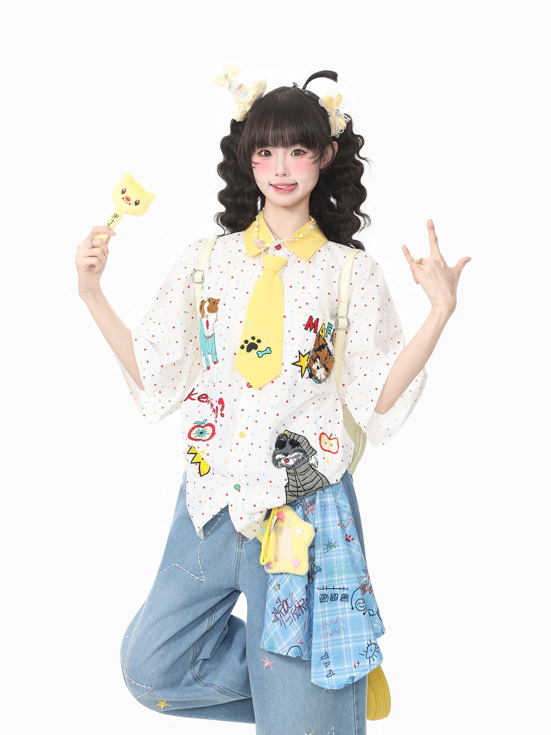 小犬刺繍ドット襟付き半袖シャツ：美式風の夏用日常着としての実用性とデザイン特性