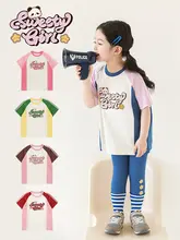 Tシャツ キッズ ガールズ 半袖 ミディアム丈 アルファベット柄 バイカラー パッチワーク 伸縮性 通気性 キュート 夏 おしゃれ