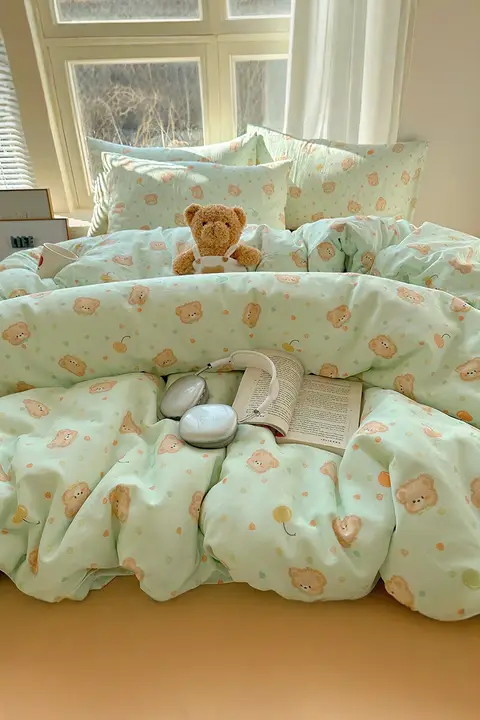 純綿ダブルガーゼの子供用寝具セット【カートゥーンデザイン・学生寮用・三点セット】（セットアップ対応）