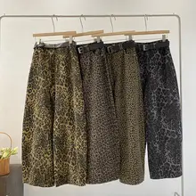 レトロヒョウ柄プリント ハイウエストデニムパンツ【ウエストベルト付き・ワイドレッグ・女性用】
