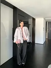 ZHOUMIAO ディテールプリーツデザイン ダークカラー ストレートデニムパンツ【ワイドフィット・カジュアル】