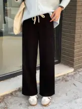 杏色 ストレート ワイドパンツ【秋冬用・裏起毛・高腰・レディース】
