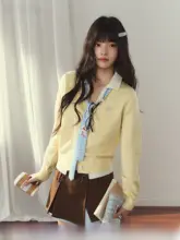 春季女子向けストライプネクタイ付きVネックカーディガン【カラーコントラスト・極上の柔らかさ】（セットアップ対応）