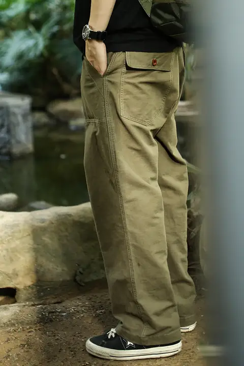 OG107 ストレート軍用カジュアルパンツ【ユニセックス・ルーズフィット・オリーブグリーン】