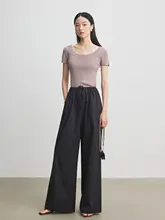 夏用高腰ワイドレッグパンツ【黒・ドローストリング・ルーズフィット・軽やか】