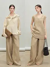 シルエットのリネンビブトップス＆ストレートパンツ【フランス風・毛足仕上げ・夏用】（セットアップ対応）