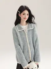 カジュアルデザインのカラー切替ジップアップニットジャケット【秋冬用・ラペル付き・極上の柔らかさ】