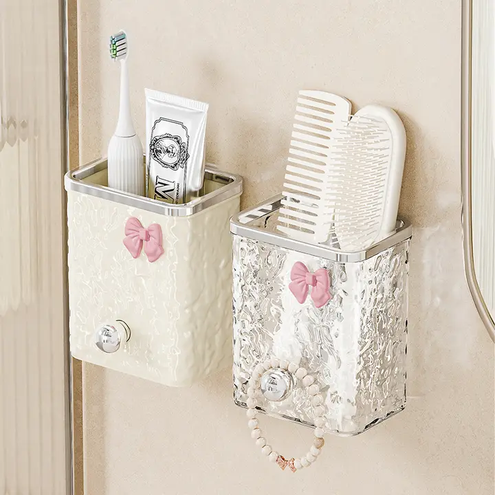 壁掛け収納ラック【穴あけ不要・洗面所用・歯磨き・剃刀収納】