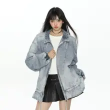 水洗いしたヴィンテージ風シュシュ付きデニムジャケット【立襟・春秋用・女性用】