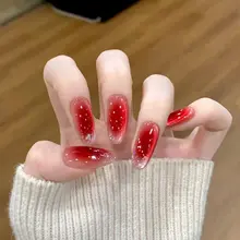 手作りの紅色グラデーションネイルチップ【猫目デザイン・スワロフスキー付き・お正月用】