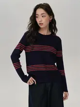 ストライプデザインのニットトップス【女性用・フィット感のある丸首・カラーブロック】