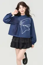 リボン付き ブルーの長袖シャツ【短丈・ランタンスリーブ・春夏用】