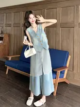 学院風のレトロデニムベストとワイドパンツのコーディネート【夏用・透け感のあるネットデザイン・ブリーチ加工】（セットアップ対応）