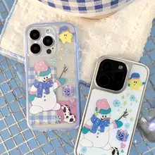 冬の雰囲気感あふれる雪だるまと犬デザインのスマホソフトケース【iPhone対応・かわいい・防落】