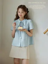 抽绳付き月牙刺繍入り折り辺短袖ブラウス【夏季・フレンチスタイル】