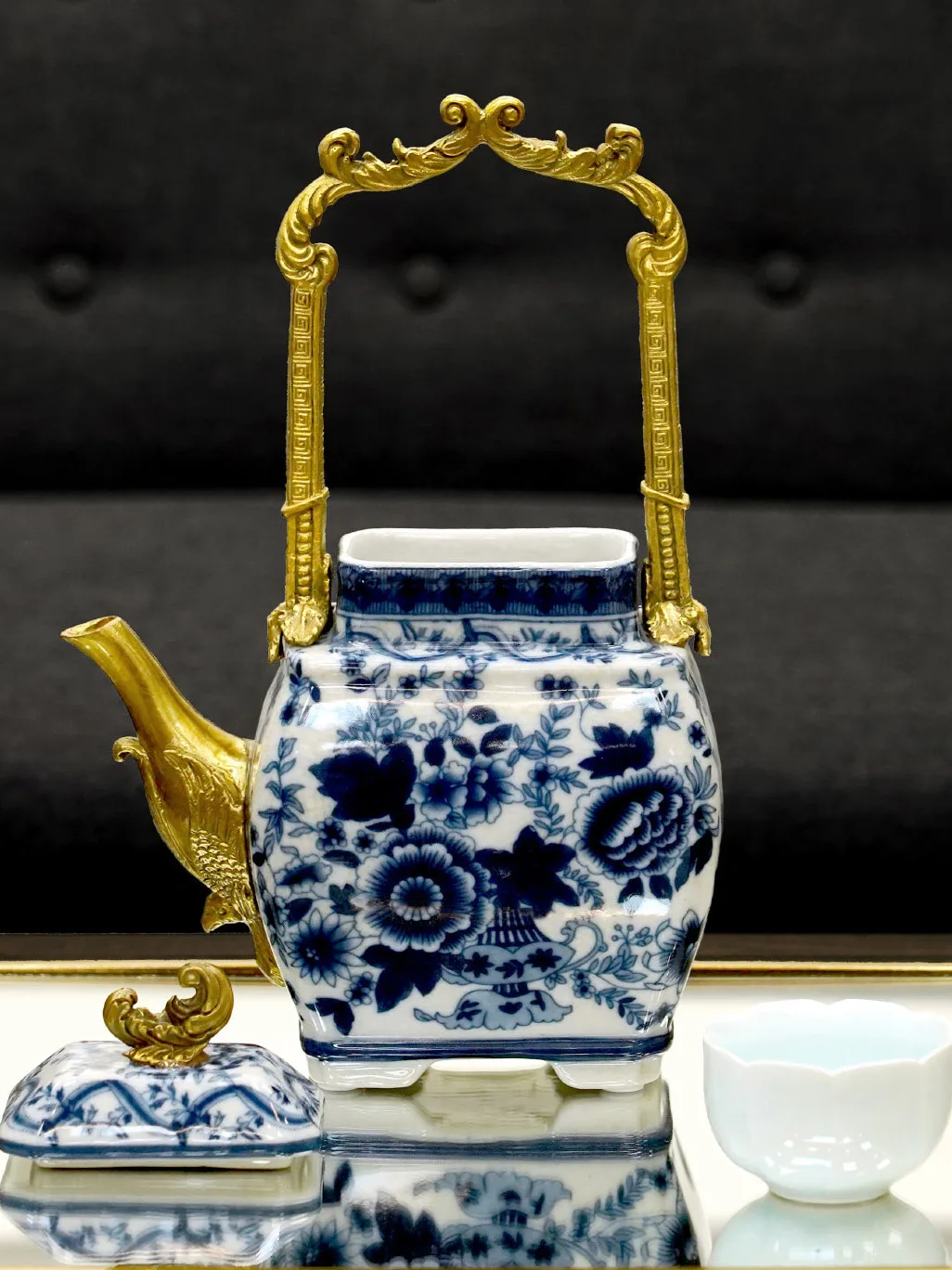 青花手描き陶器製ティーポット兼コーヒーポット：茶色 黒 のインテリアに最適な中華風デザイン