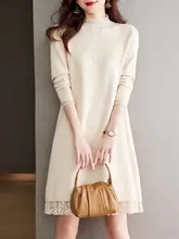 レディース 秋冬用 レース ハイネック ニットワンピース【アウターとの組み合わせが可能】