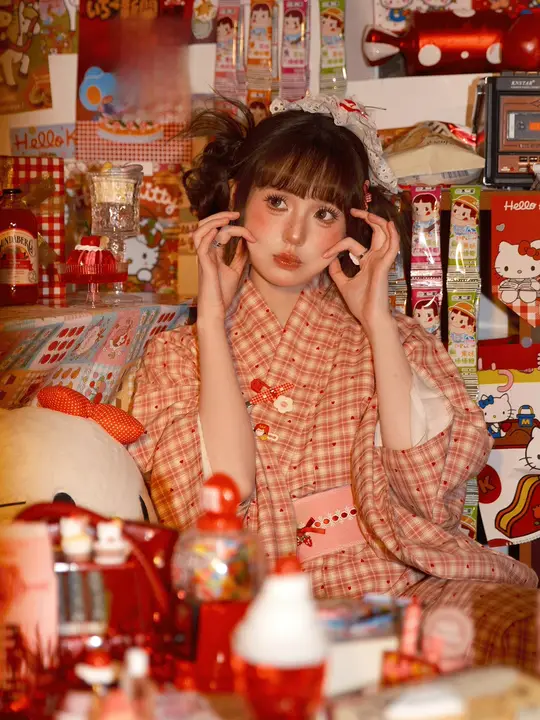 粉色チェック フェルトハート 二部式和服【旅撮影・コスプレ・日本風ワンピース】（セットアップ対応）