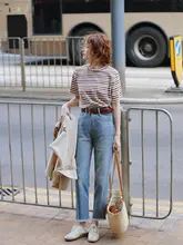 高腰デニムパンツ【ブルー・ストレート・ヴィンテージ加工・毛羽立ち脚口】
