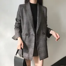 レトロチェック柄のダブルボタン長袖ジャケット【女性用・2ポケット・ルーズフィット】