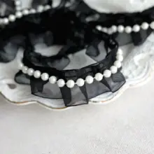パールの装飾付きシフォンリボン【手作り・フリルレース・DIY衣装用】