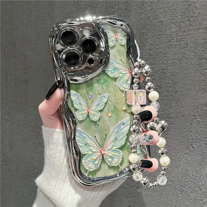 ミントグリーンの蝶柄デザイン【電鍍シルバーの油絵風・スマートフォンケース・Xiaomi Civi 4 Pro・Redmi Note 13 Pro対応】
