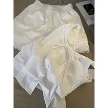 春夏用 白色リボン付きノースリーブルームウェア【レース飾り・ショートパンツ・家居服】（セットアップ対応）