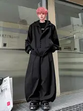 春用ボタンデザインジャケット【カジュアル・フード付き・クレープ素材】とワイドパンツ（セットアップ対応）