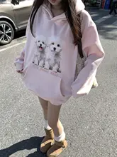 犬プリントのフード付きパーカー【秋冬・極上の柔らかさ・ルーズフィット】