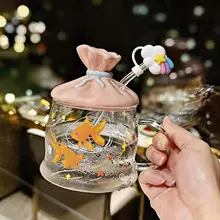 可愛らしい金魚デザインの高硼硅ガラス製ウォーターカップ【ふた付き・女性向け・精巧でおしゃれ】