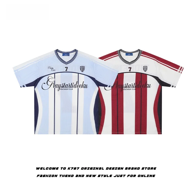 アメリカンレトロストライプのスポーツTシャツ【ユニセックス・ゆったりとしたラグラン袖・夏用・短袖】