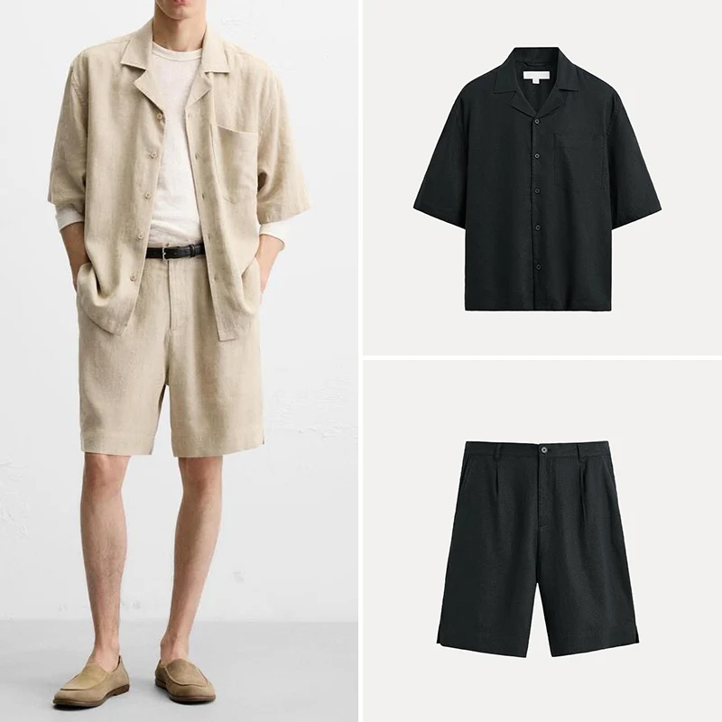 春服 メンズ リネン混紡 ゆったりシャツ＆ショートパンツ セットアップ対応