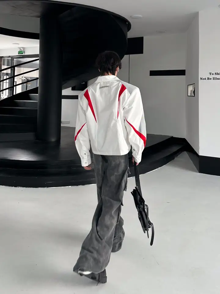 メッシュデザインのカラー切替ショートジャケット【秋用・パフスリーブ】（セットアップ対応）