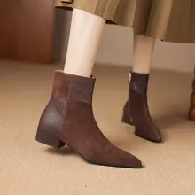 ブラウンのレトロデザイン アンクルブーツ【サイドジッパー・中ヒール・スエード調】