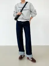 高腰の赤耳加絨デニムパンツ【女性用・秋冬・ゆったりストレート】（セットアップ対応）