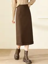 ウールミディスカート【ブラウン・フリルデザイン・ストレートシルエット・秋用】
