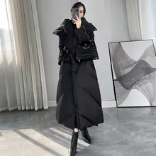 フード付きダウンコート【ブラック・ウエストリボン・極上の柔らかさ・ロング丈】