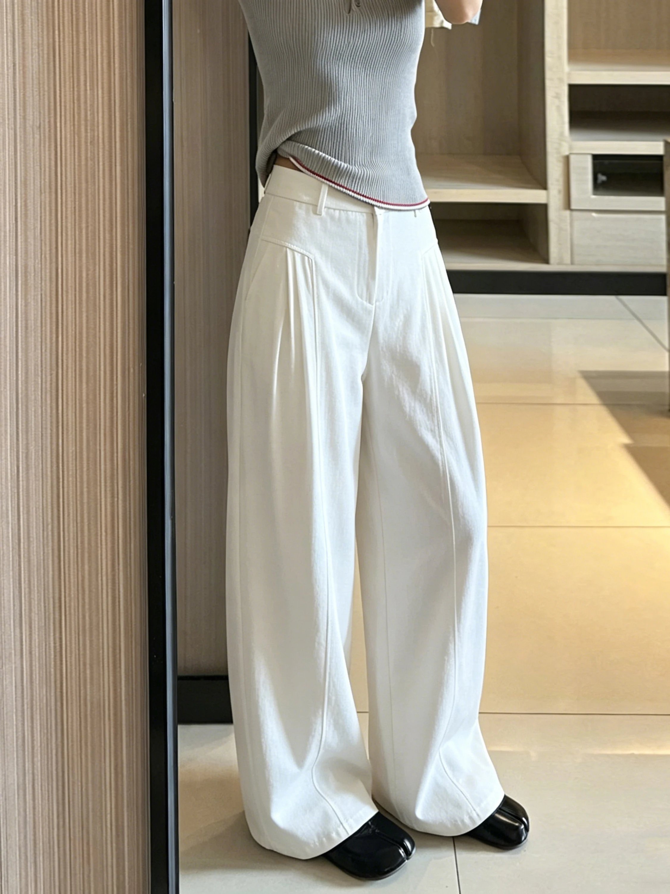 ターコイズブルー パンツ おすすめモデル：蔵青色の天竺コットンリネン製ウィメンズスーツパンツ