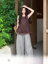 カラフルな木耳縁付きタンクトップ【夏用・軽量・ストライプ・フィット】（セットアップ対応）