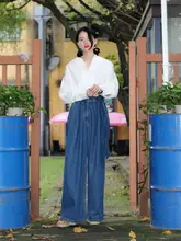 高腰デニムワイドパンツ【重工デザイン・レッグラインを強調・万能シーン対応】